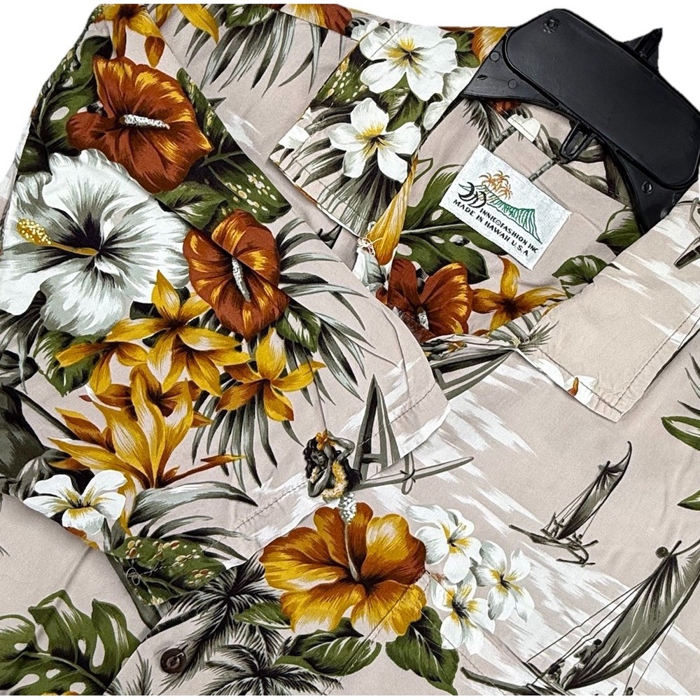 Vintage Winnie Fashion Hawaiian Shirt Mens Beige Cotton Floral Print